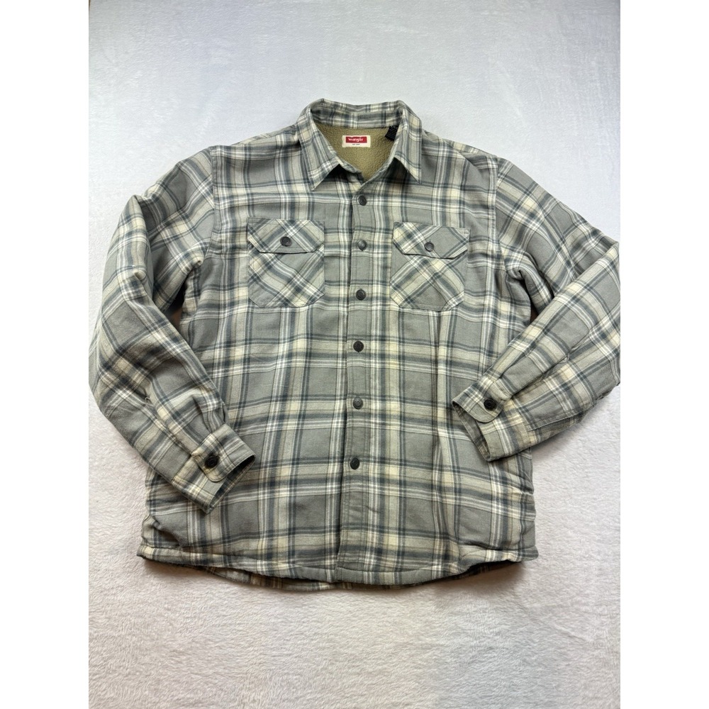 Wrangler Shirt Jacket Shacket Men's Sz Large Gray Plaid Sherpa Lined Long Sleeve